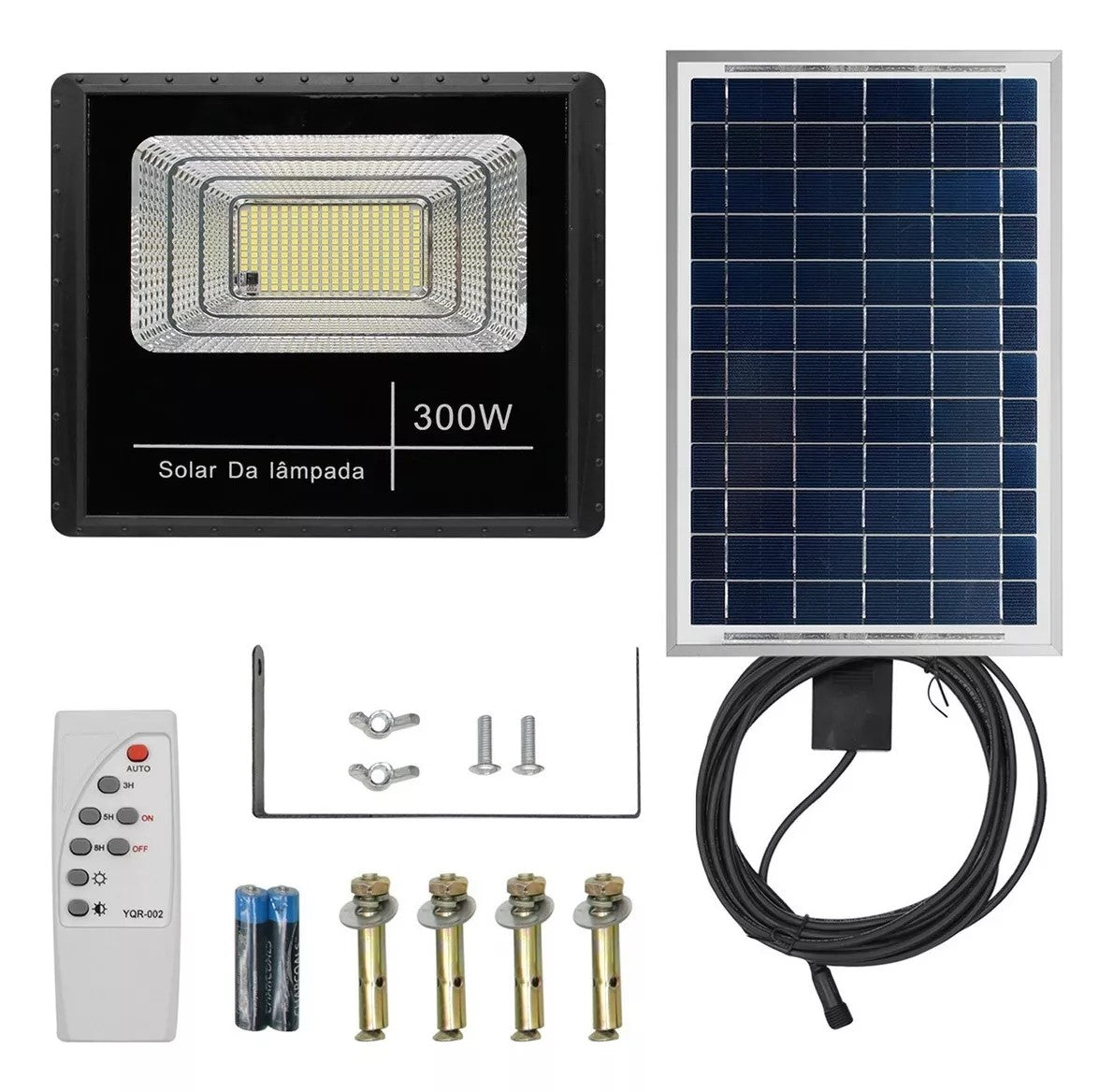 Refletor Solar Led Holofote 300w Placa Bateria Prova Dágua Carcaça Preto Luz Branco-frio