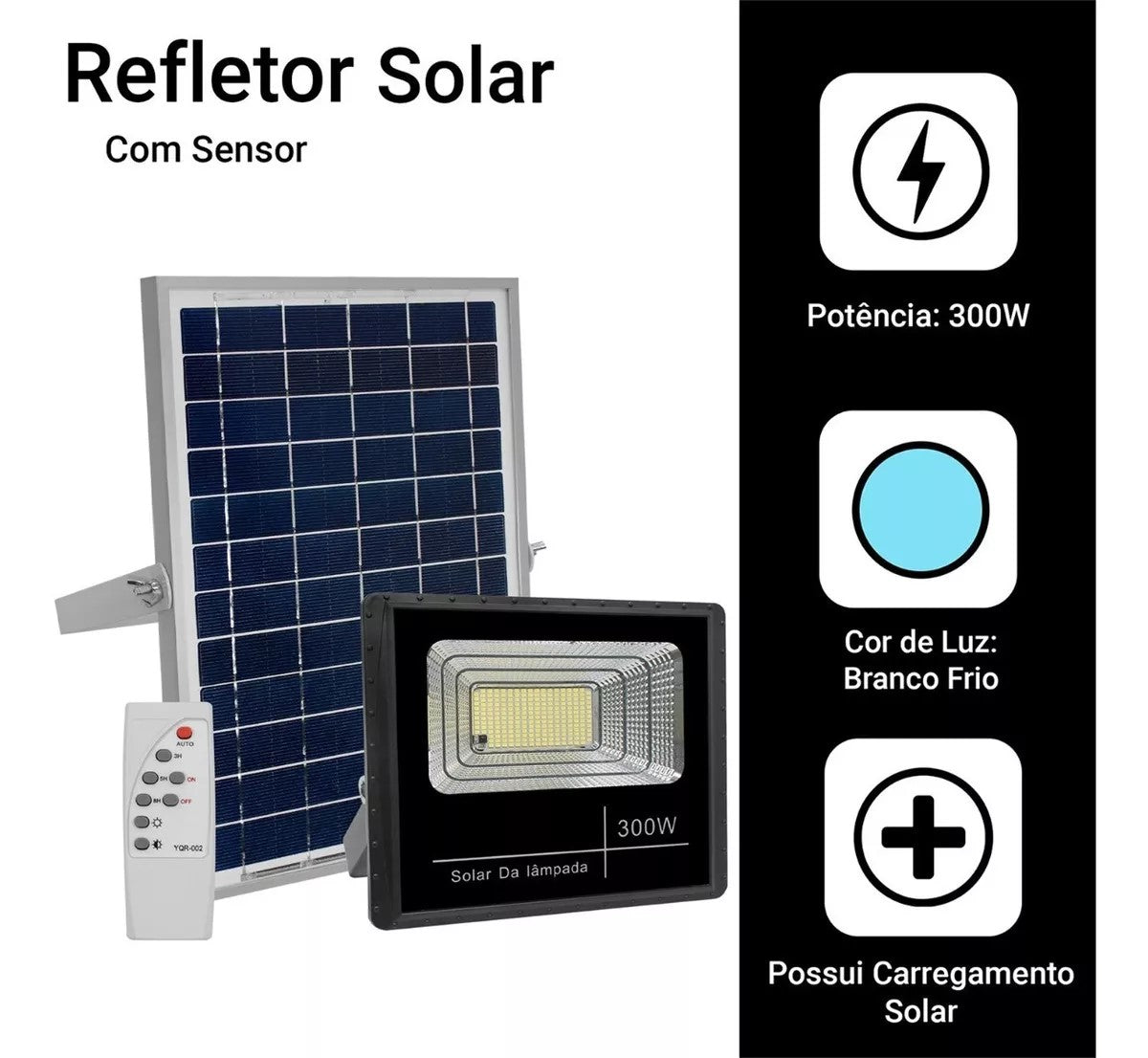 Refletor Solar Led Holofote 300w Placa Bateria Prova Dágua Carcaça Preto Luz Branco-frio