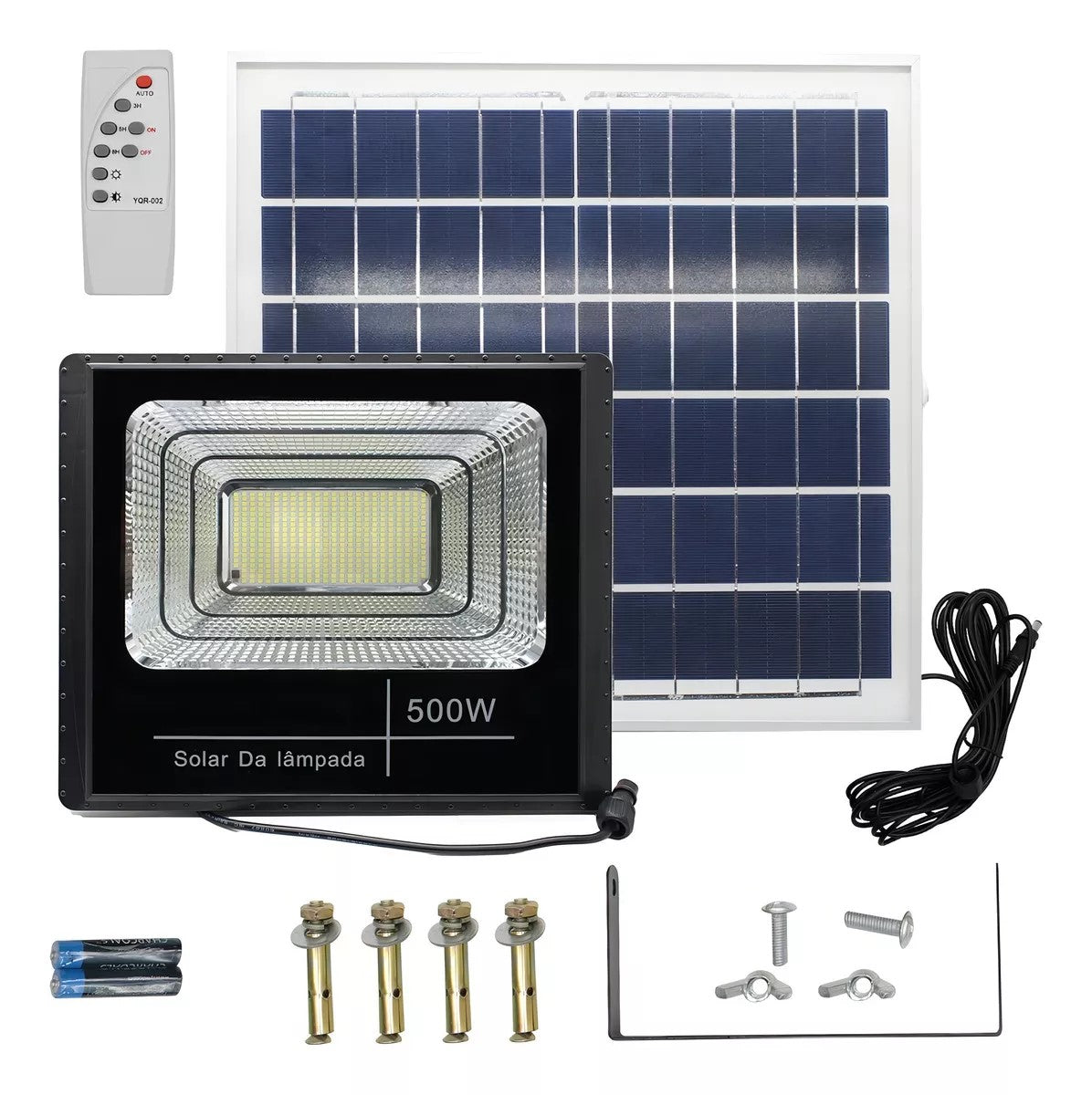 Refletor Solar Led Holofote 500w Placa Bateria Prova Dágua Carcaça Preto Luz Branco-frio