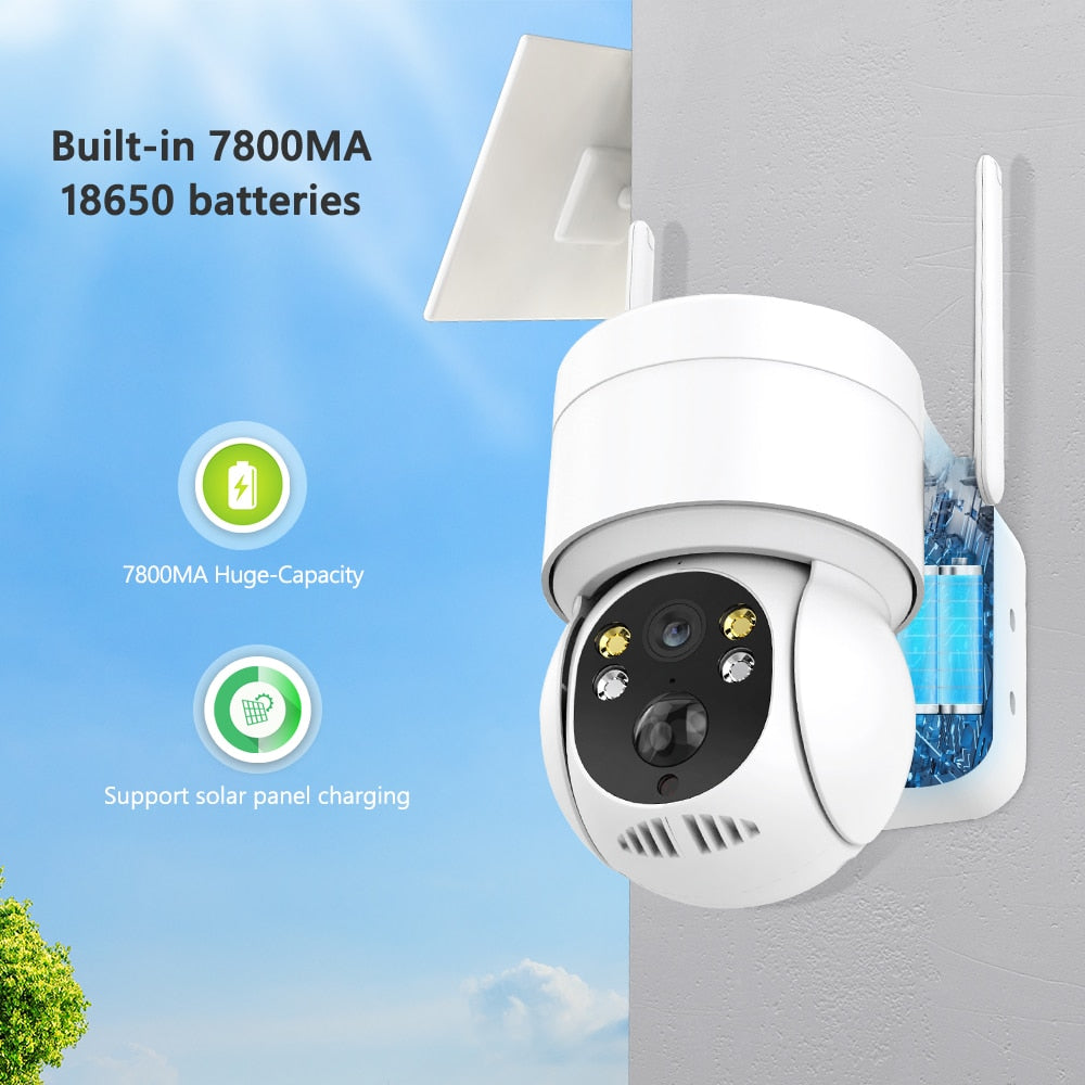 Câmera de Segurança Painel Solar 1080p, câmeras ip, detecção humana, bateria de recarga de 7800mah