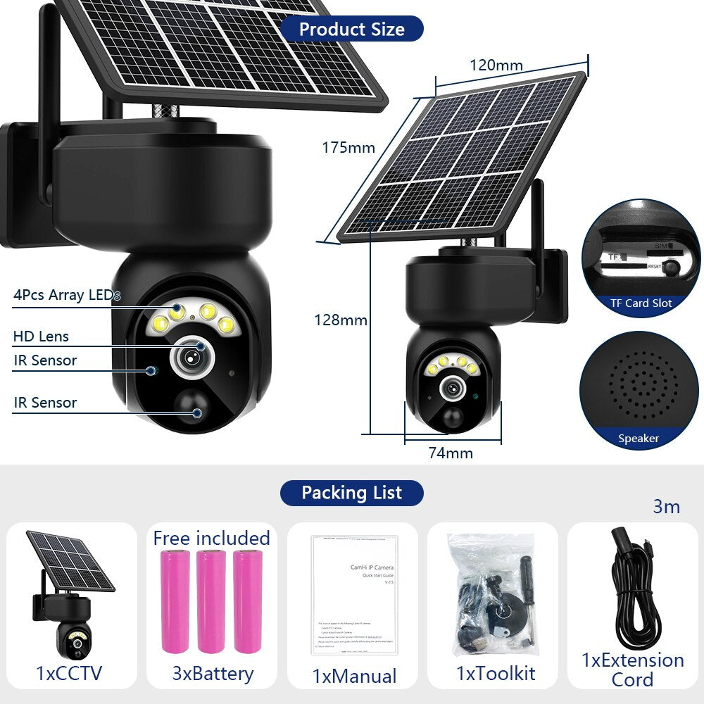 Câmera de Segurança Painel Solar 10W, 4MP, 4G