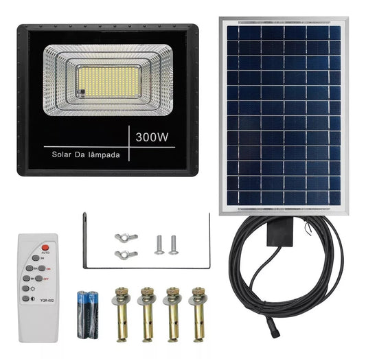 Refletor Solar Led Holofote 300w Placa Bateria Prova Dágua Carcaça Preto Luz Branco-frio
