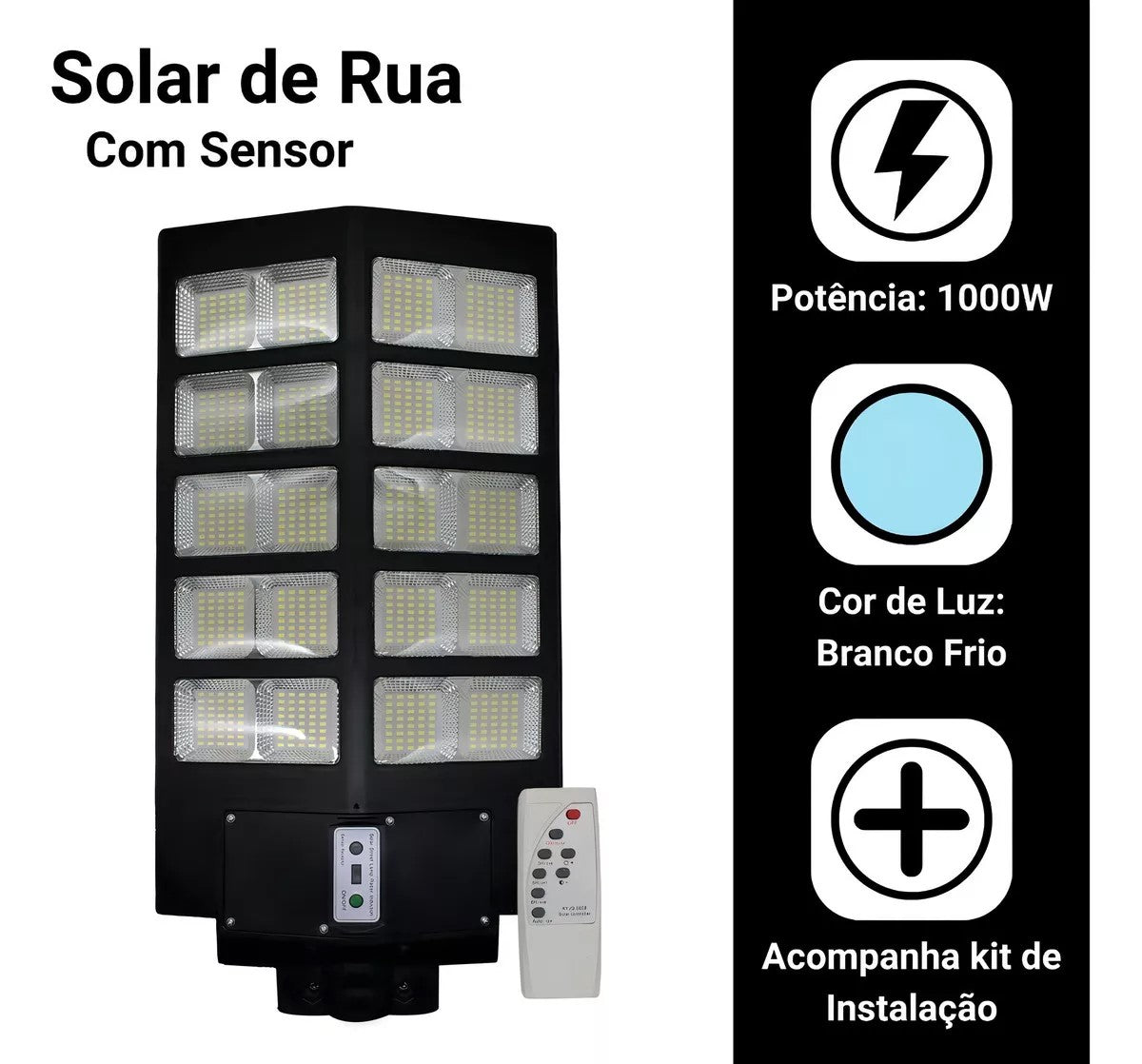 Luminária Solar Pública Poste Rua Led 1000w Com Sensor Cor Preto