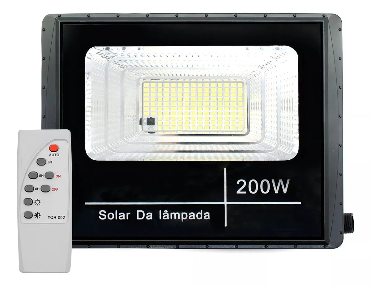 Refletor Solar Led Holofote 200w Placa Bateria Prova Dágua Carcaça Preto Luz Branco-frio