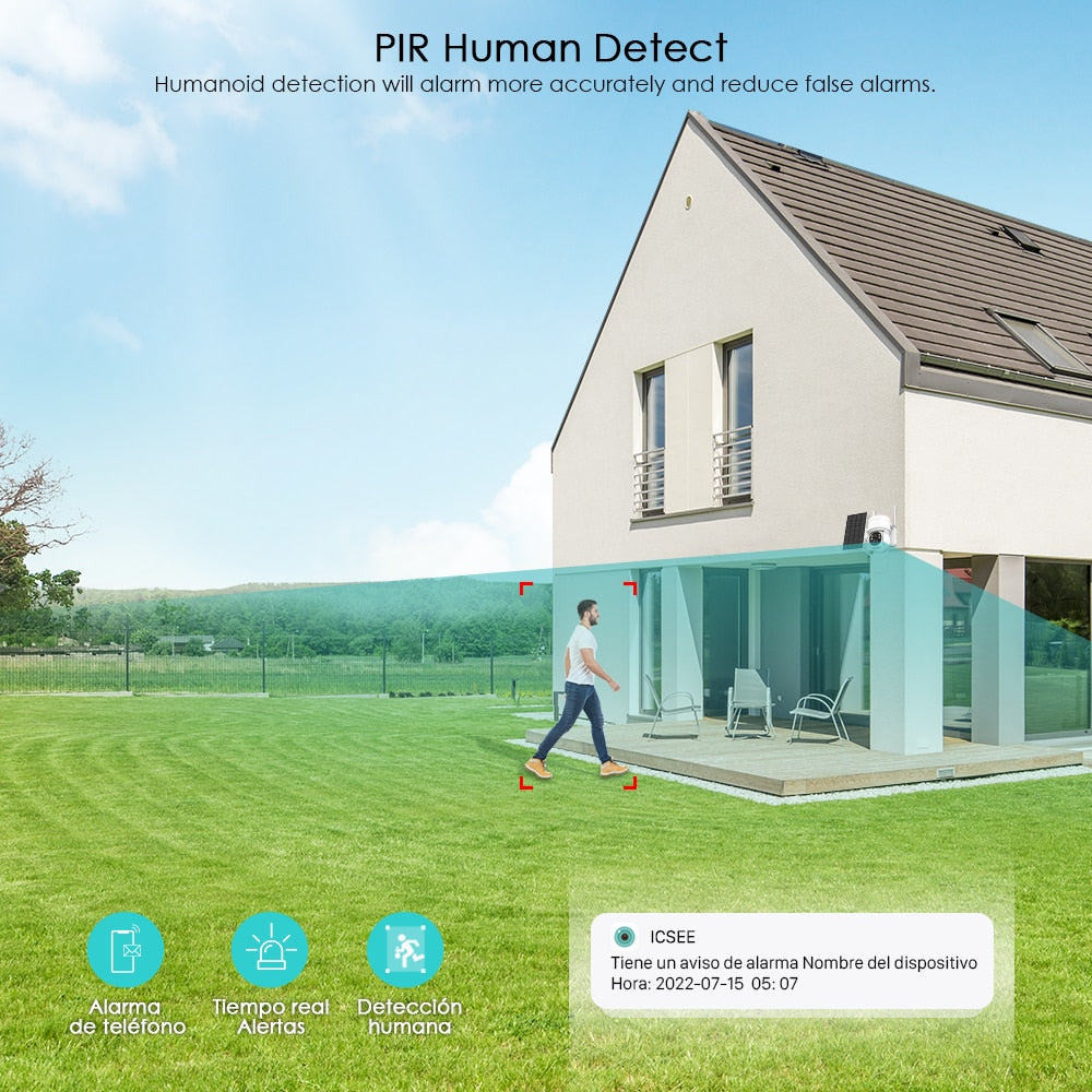 Câmera de Segurança Painel Solar 1080p, câmeras ip, detecção humana, bateria de recarga de 7800mah