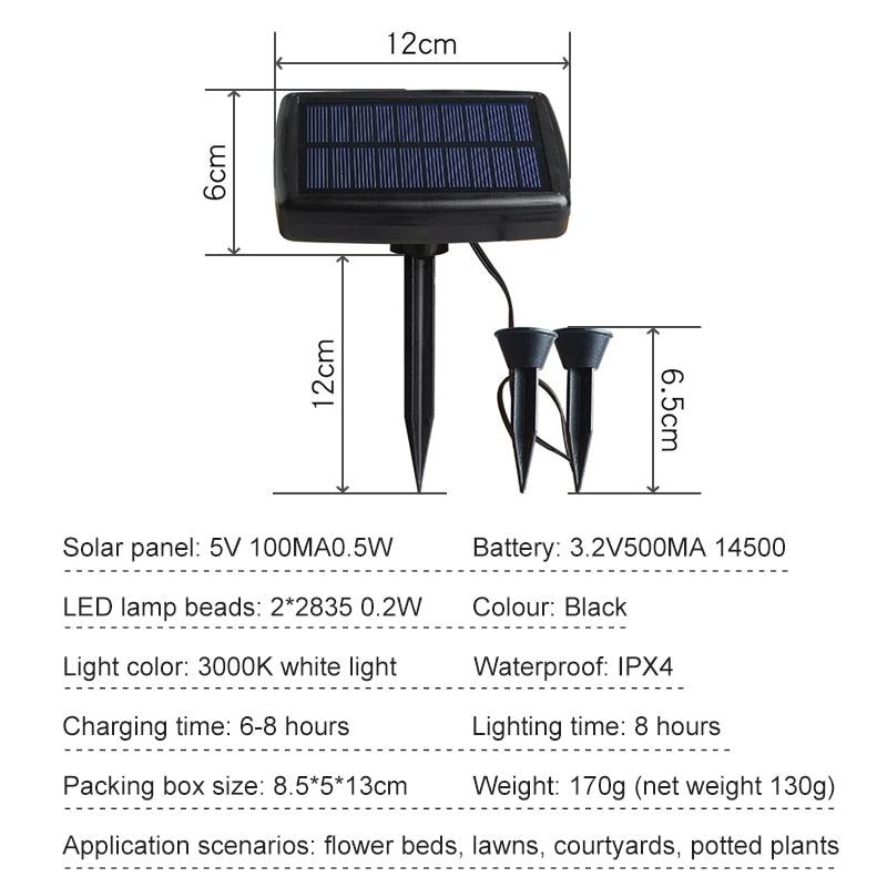 Lâmpada Solar de 2 a 10 leds à prova d'água para decoração de jardim, áreas externas, caminho, quintal, gramado